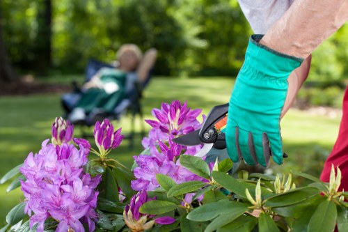 Volunteers and charity partners sorting plant pots and compost for reuse